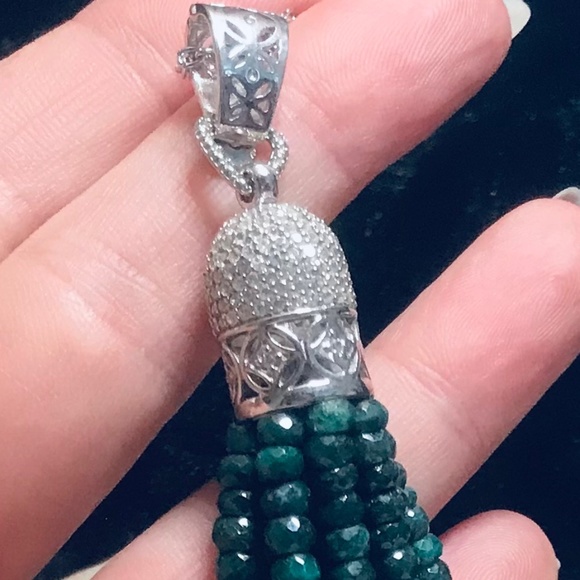 Genuine Emerald & Zircon Tassel Pendant Necklace - Picture 9 of 9